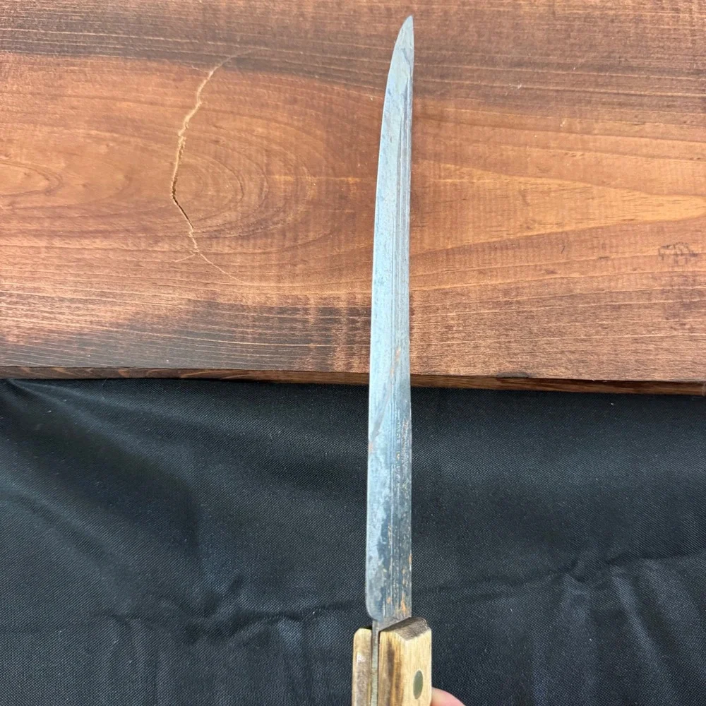 Old Hickory Tru-Edge Butcher Knife Carbon Steel Wood Handle Made in USA Vintage
